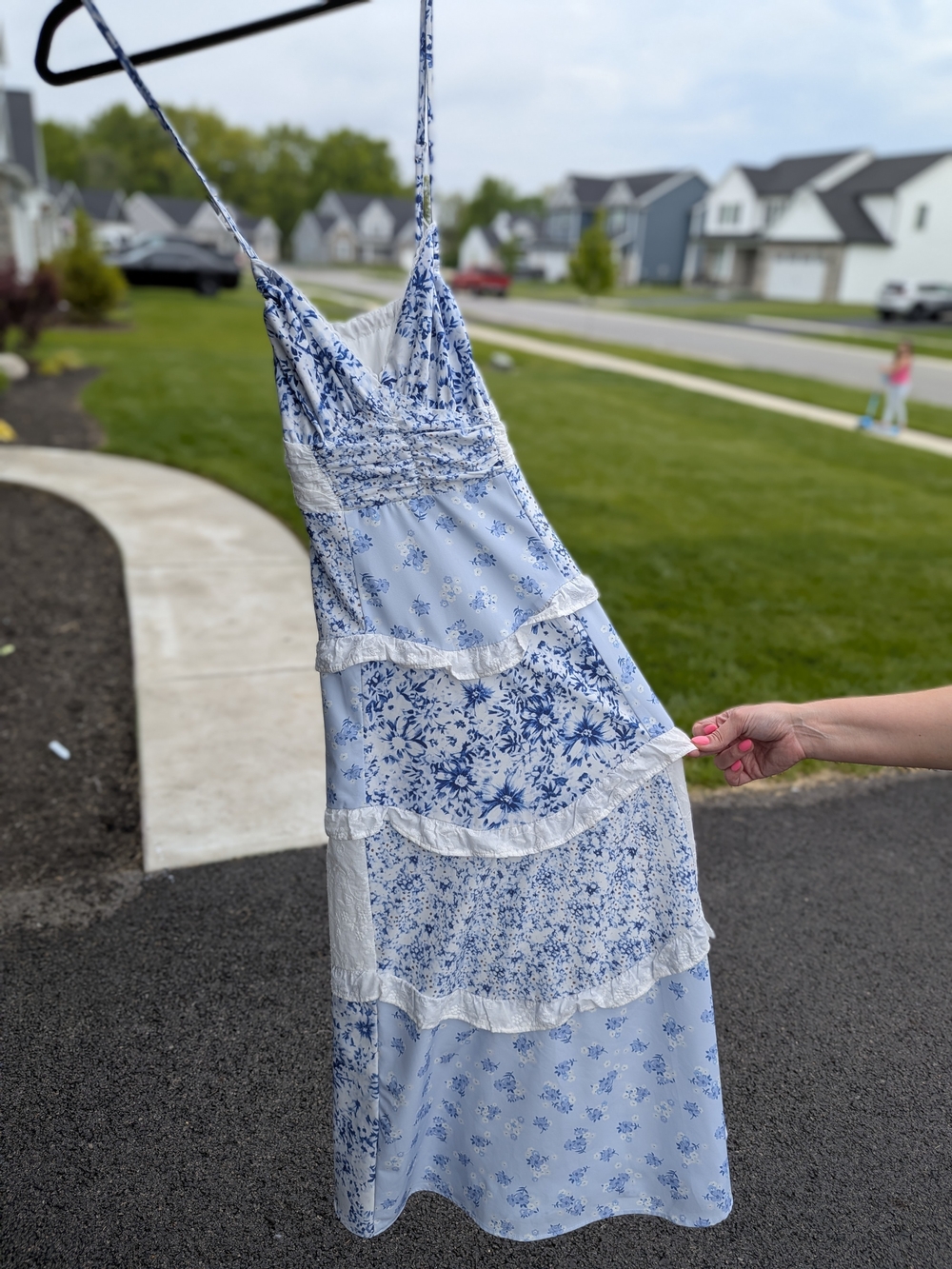 Blue Floral Tiered Sundress with Spaghetti Straps